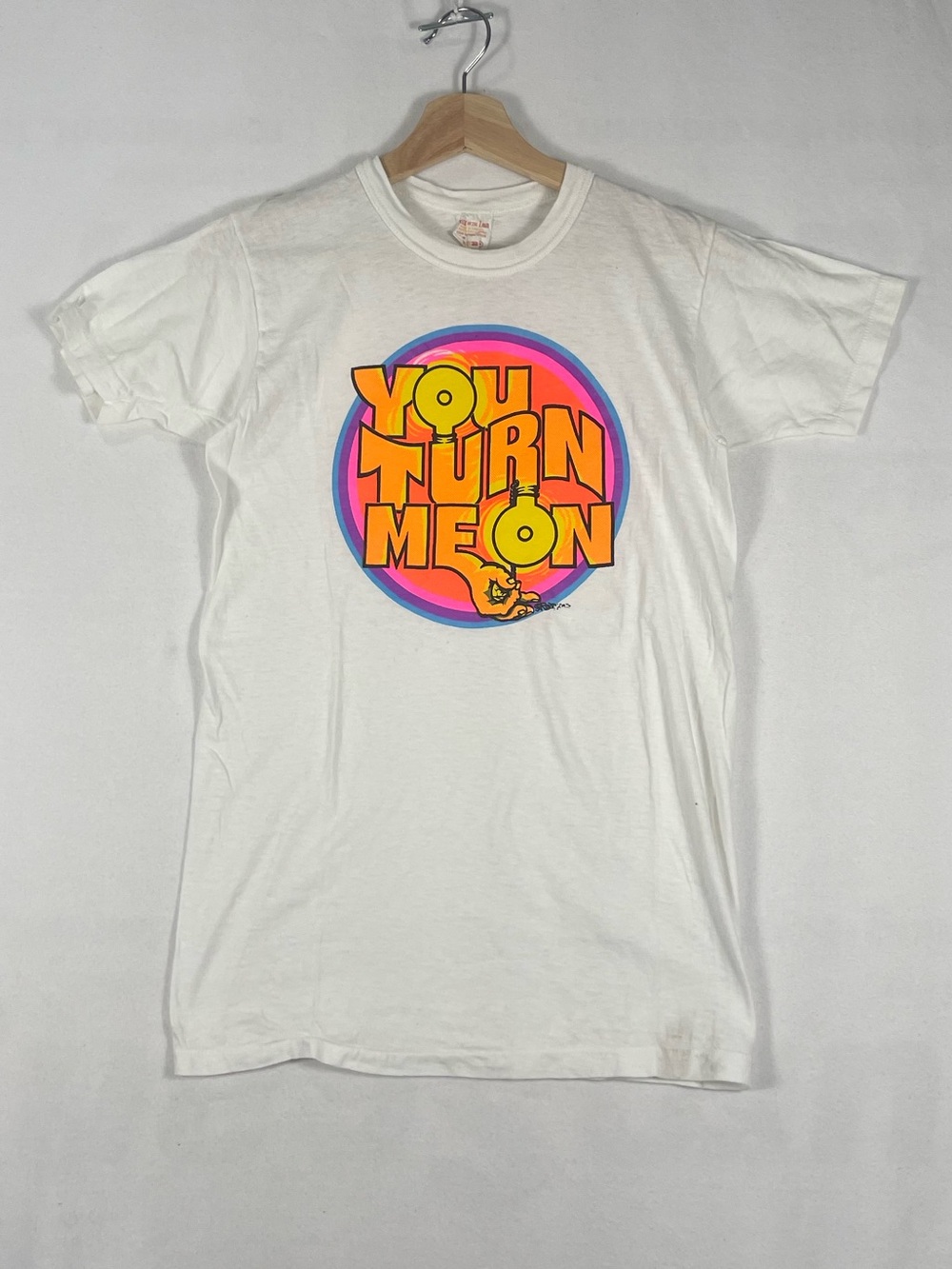 Vintage 1970s Fruit of the Loom You TUrn me On Neon White T Shirt Sz M Fits XS/S